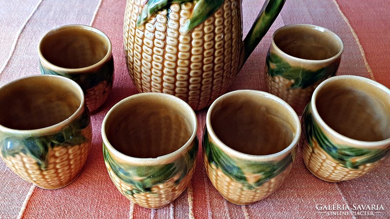 Corn pattern, old ceramic, retro, wine jug, with 6 glasses. Complete wine set