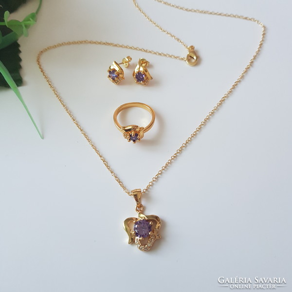 New purple-crystal rhinestone jewelry set: necklace + earrings + ring