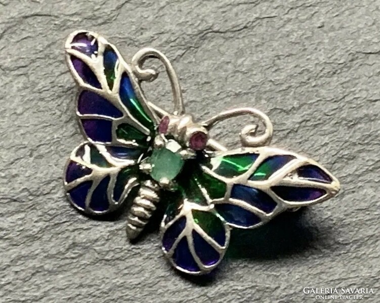 Butterfly/butterfly silver brooch, ruby/emerald, marcasite and fire enamel silver /925/ --new