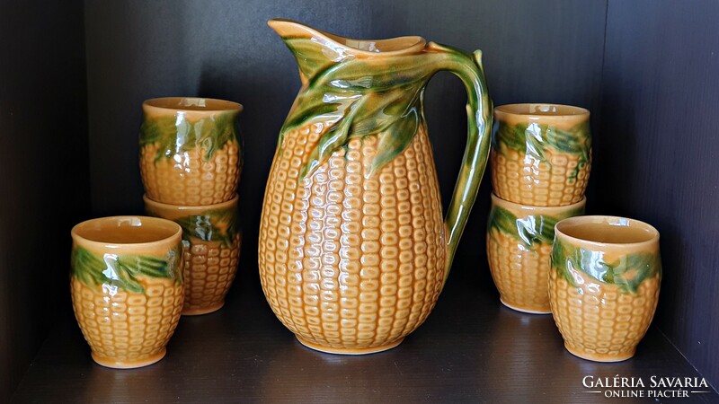 Corn pattern, old ceramic, retro, wine jug, with 6 glasses. Complete wine set