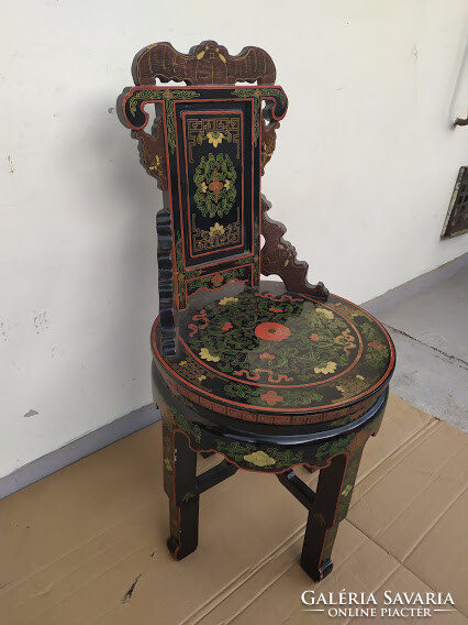 Antique Chinese carved and painted black lacquer chair 3922