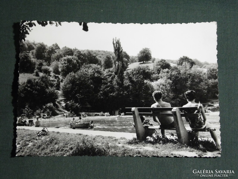 Postcard, beach grove, detail of boating lake, beach with bathers