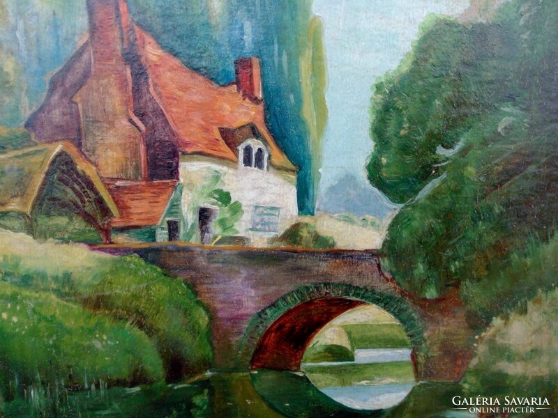 Realista modern Holland tájkép 1932-ből, szignálva. Híd az álmok otthonához.
