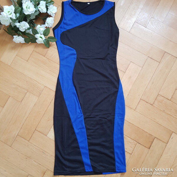 New sleeveless midi dress, size S, black and royal blue