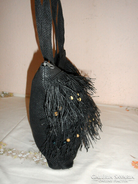 Black textile fringed shoulder bag, beach bag