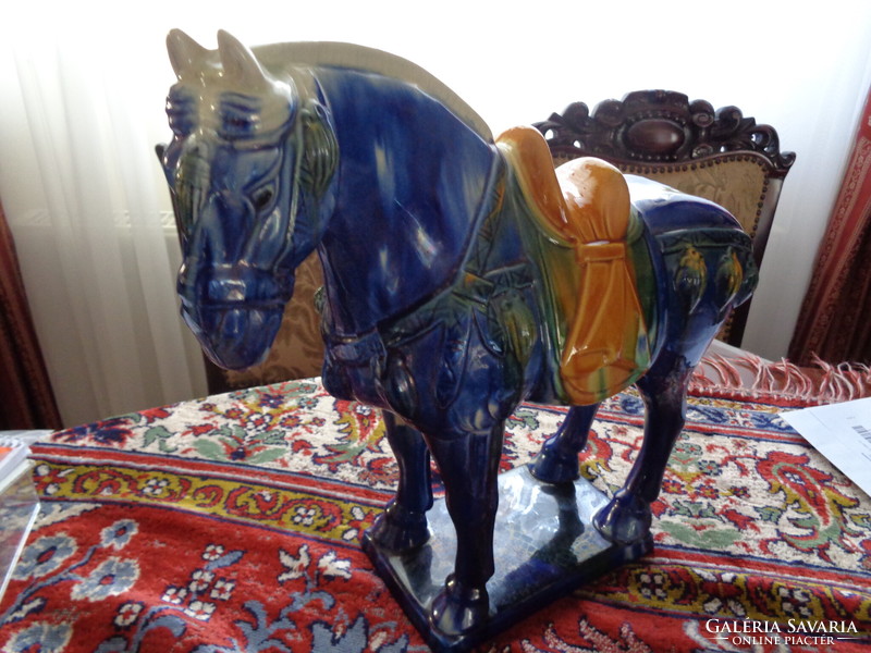 Stamped, porcelain Tang Dynasty style Sancai horse statue. Ceramic sculpture. China