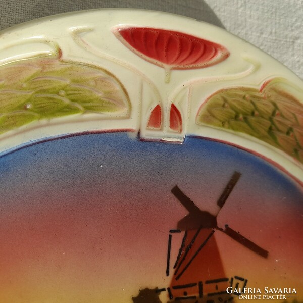 Körmöcbánya Art Nouveau windmill majolica decorative wall plate, 18 cm