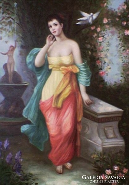 Romantic painting in retro baroque style. Latin beauty in a Mediterranean flower garden