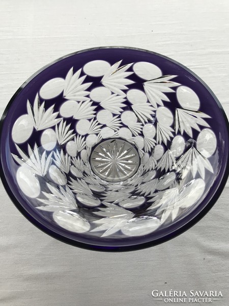 Old lip crystal bowl with deep purple and transparent layers, beautiful carving, diameter 27.5 cm