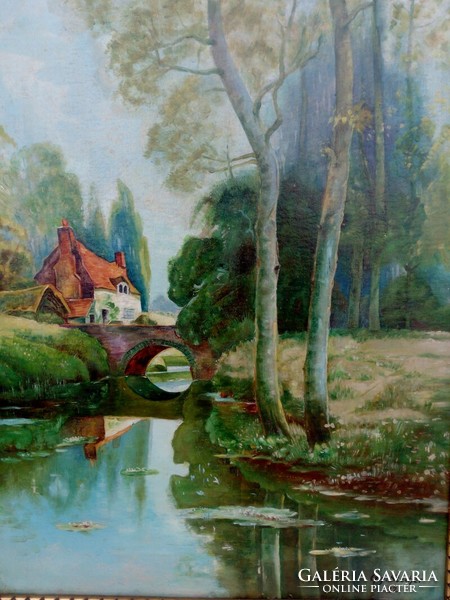 Realista modern Holland tájkép 1932-ből, szignálva. Híd az álmok otthonához.