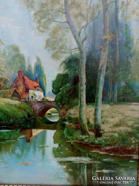 Realistic modern Dutch landscape from 1932, signed. A bridge to your dream home.