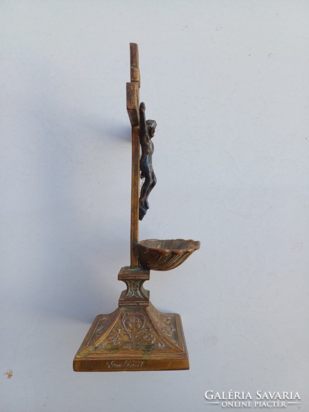 Antique bronzed pewter table cross with holy water