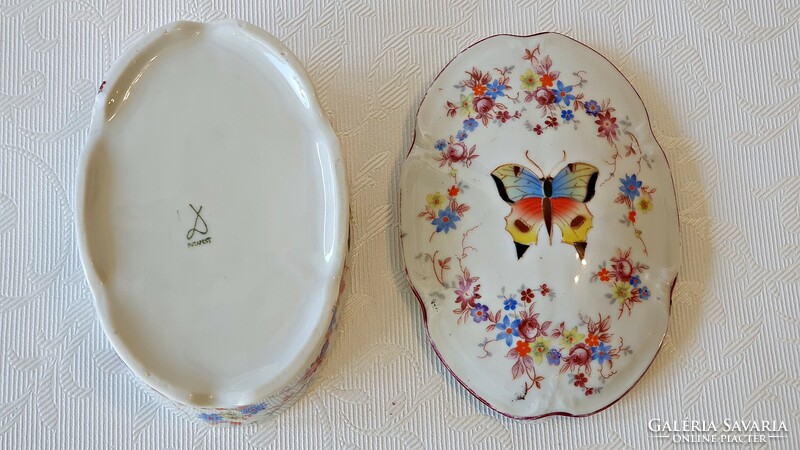 Antique, drasche porcelain, bonbonier, sugar holder, jewelry holder. Floral-butterfly. 13.5 cm long.