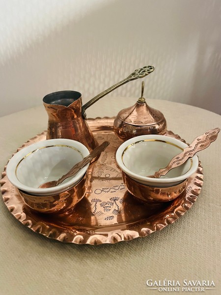 Decorative, Turkish 2-person red copper coffee set with porcelain insert with tray