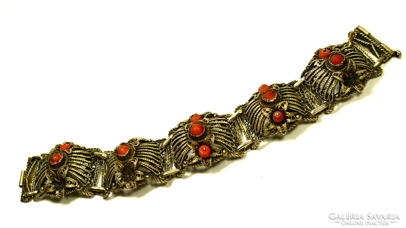 Silver bracelet with coral stones made with antique filigree technique