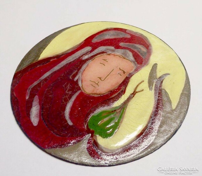 Contemporary art object: madonna, fire enamel painting on a circular copper plate