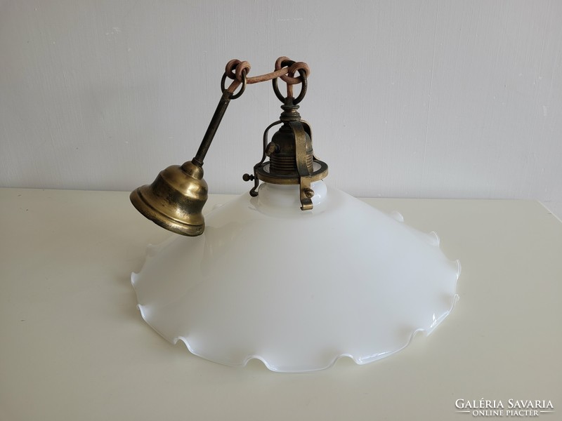 Old 40 cm frilled opal glass hammered copper ceiling glass art deco lamp