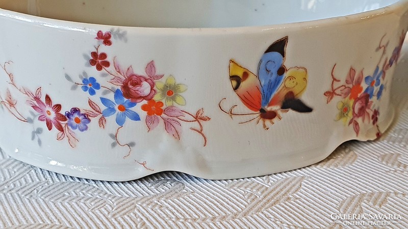 Antique, drasche porcelain, bonbonier, sugar holder, jewelry holder. Floral-butterfly. 13.5 cm long.