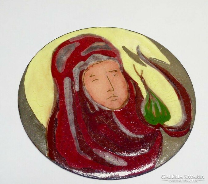 Contemporary art object: madonna, fire enamel painting on a circular copper plate