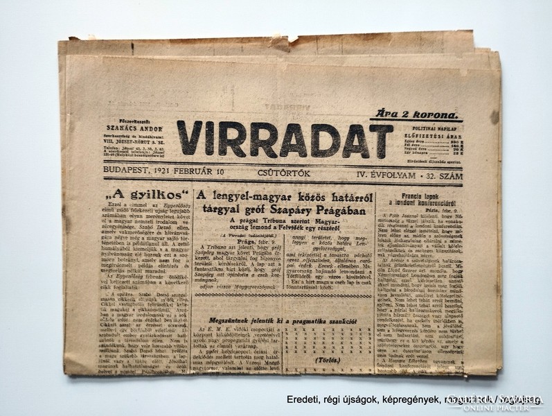 1921 február 10  /  VIRRADAT  /  SZÜLETÉSNAPRA :-) Eredeti, régi ÚJSÁG Ssz.:  26739