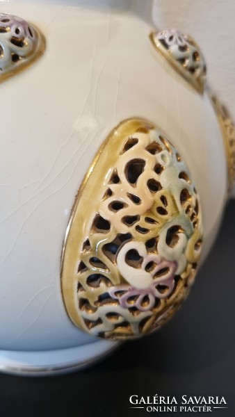 Antique historicizing Zsolnay vase with colored openwork appliqués, 1887. Around - repaired!