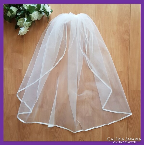 FTY14 - 1 rétegű, szatén szélű, Ekrü MINI menyasszonyi fátyol 30x100cm