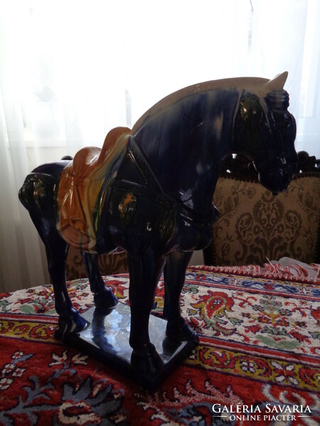 Stamped, porcelain Tang Dynasty style Sancai horse statue. Ceramic sculpture. China