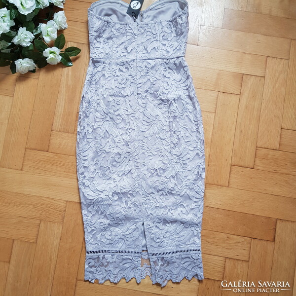 New 38/s Silver Color Embroidered Lace Dress Strapless Casual Midi Dress Cocktail Dress