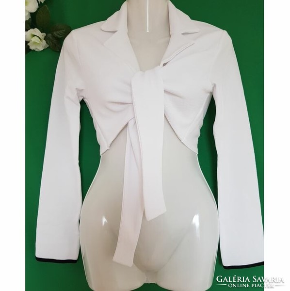 New, size 36/s, snow-white, black bordered long-sleeved, tie-up bolero, semi-blazer, jacket