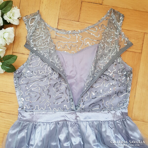 New M/42 Silver Color Tulle Sequined Satin Casual Dress Sleeveless Maxi Dress