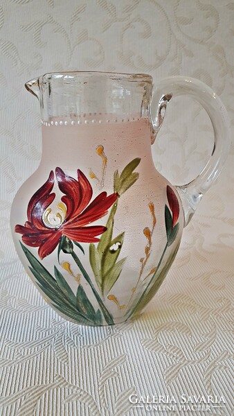 Small old acid etched glass jug. Hand painted. Floral. 12 cm high.