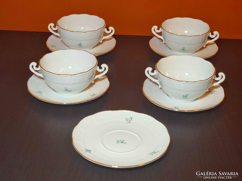 4 Personal Herend green floral porcelain soup cups, with base (+1 additional base), with gilded decor