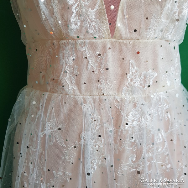 New L Ecru/Cream Lace Sparkly Strappy Boat Neck Wedding Dress