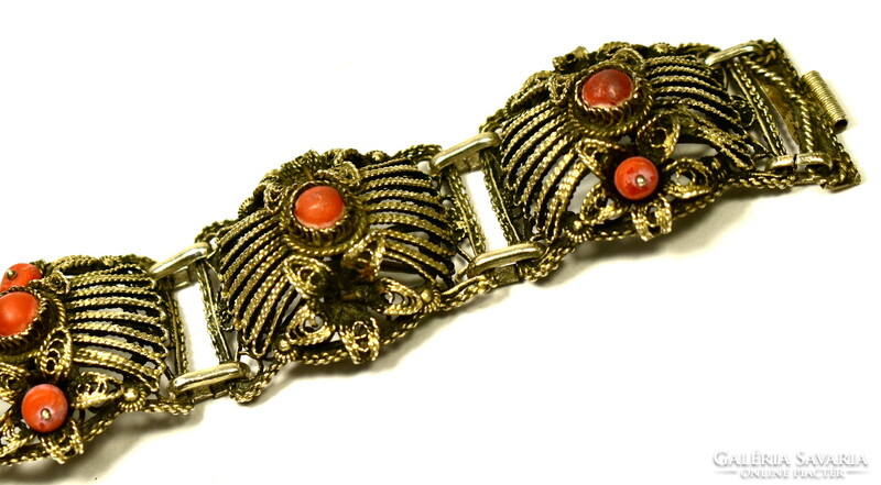 Silver bracelet with coral stones made with antique filigree technique