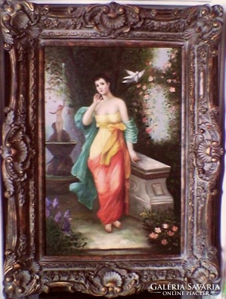 Romantic painting in retro baroque style. Latin beauty in a Mediterranean flower garden
