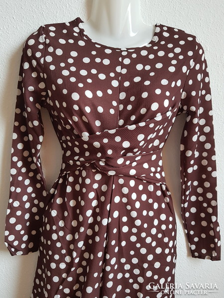 New size 34/xs chocolate brown white polka dot fur overall casual midi dress