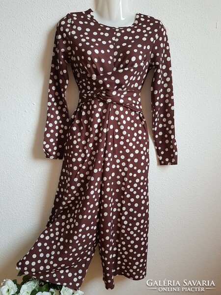 New size 34/xs chocolate brown white polka dot fur overall casual midi dress