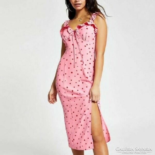 New, size 44/l dress with red polka dots on a pink background