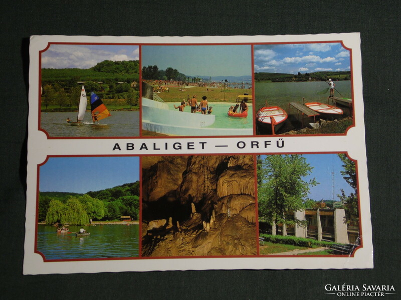 Postcard, abaliget orfű, mosaic details, Pécs lake, beach, resort, sailing ship