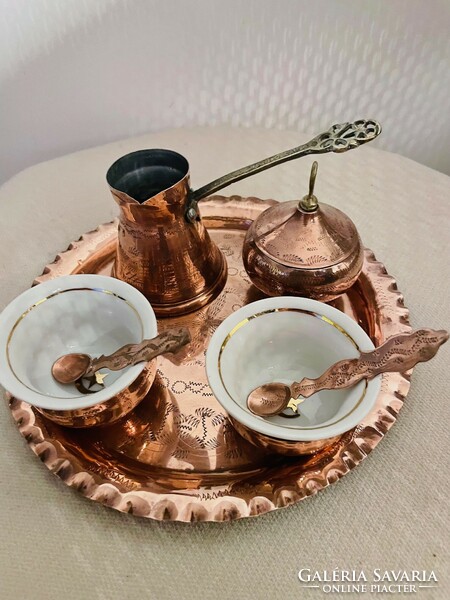 Decorative, Turkish 2-person red copper coffee set with porcelain insert with tray