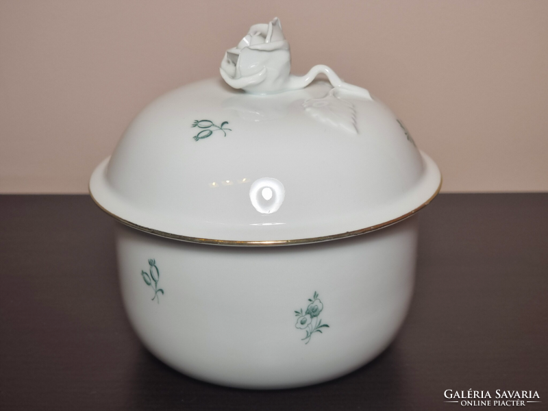 Herend green floral porcelain sugar bowl, with rose tongs, gilded rim, second half of the 20th century.