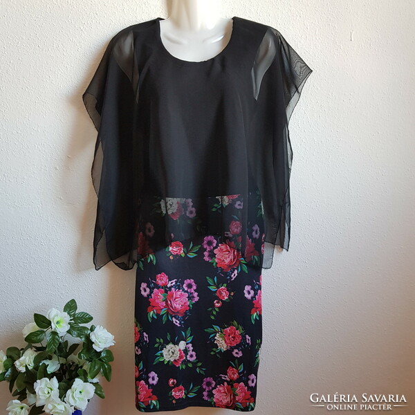 New 36/s black color muslin embellished casual dress with floral print skirt part