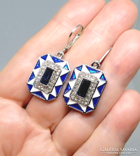 Art deco style blue cz crystal earrings with enamel inlay 378