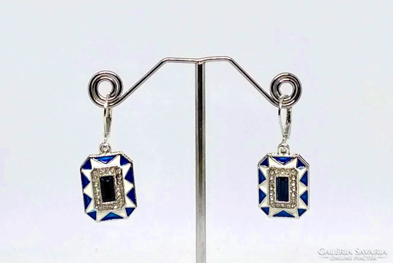 Art deco style blue cz crystal earrings with enamel inlay 378