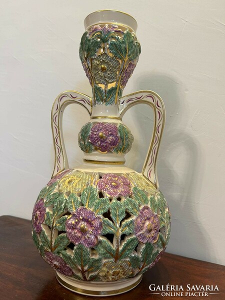 Emil Fischer's rare openwork vase with flower pattern and handle