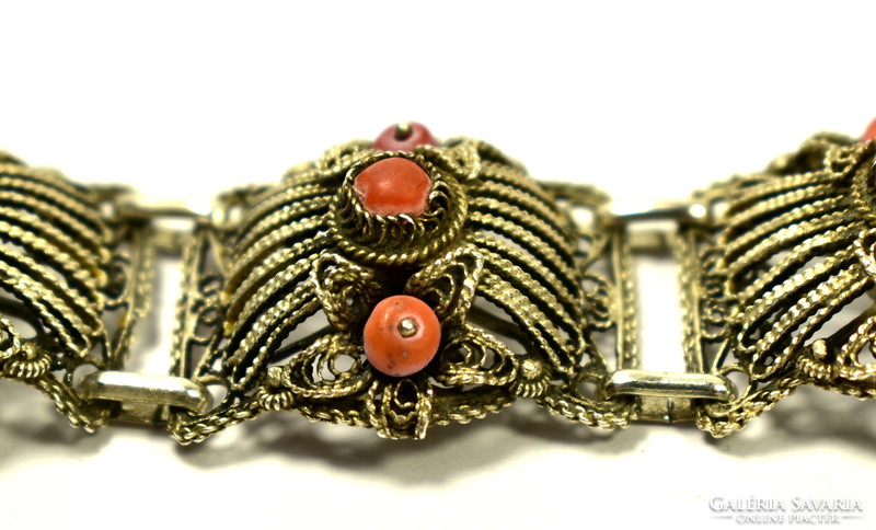 Silver bracelet with coral stones made with antique filigree technique