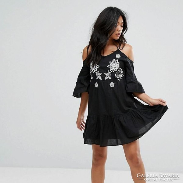 New, 40/m half-length sleeve, strappy, embroidered black dress