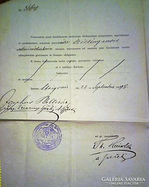 Ájtatos alapítványi oklevél egyházi pecsétekkel (Szécsény, 1898)