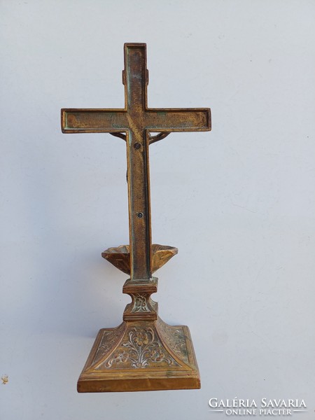 Antique bronzed pewter table cross with holy water