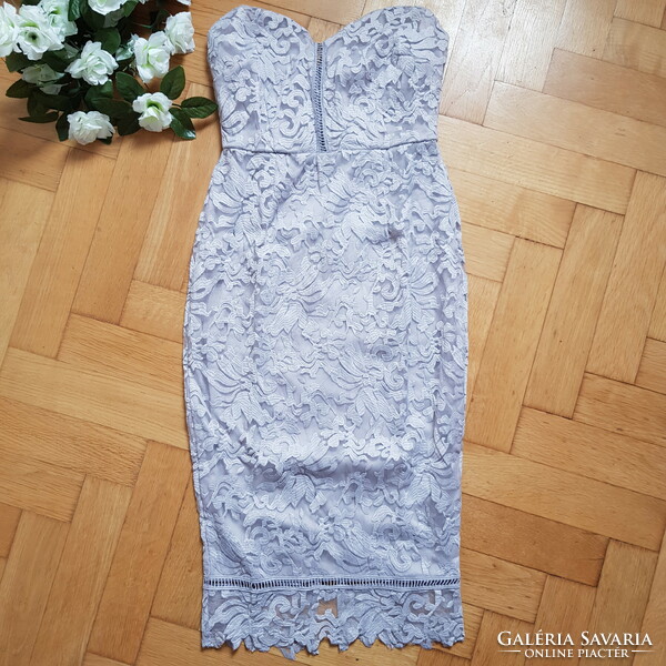New 38/s Silver Color Embroidered Lace Dress Strapless Casual Midi Dress Cocktail Dress